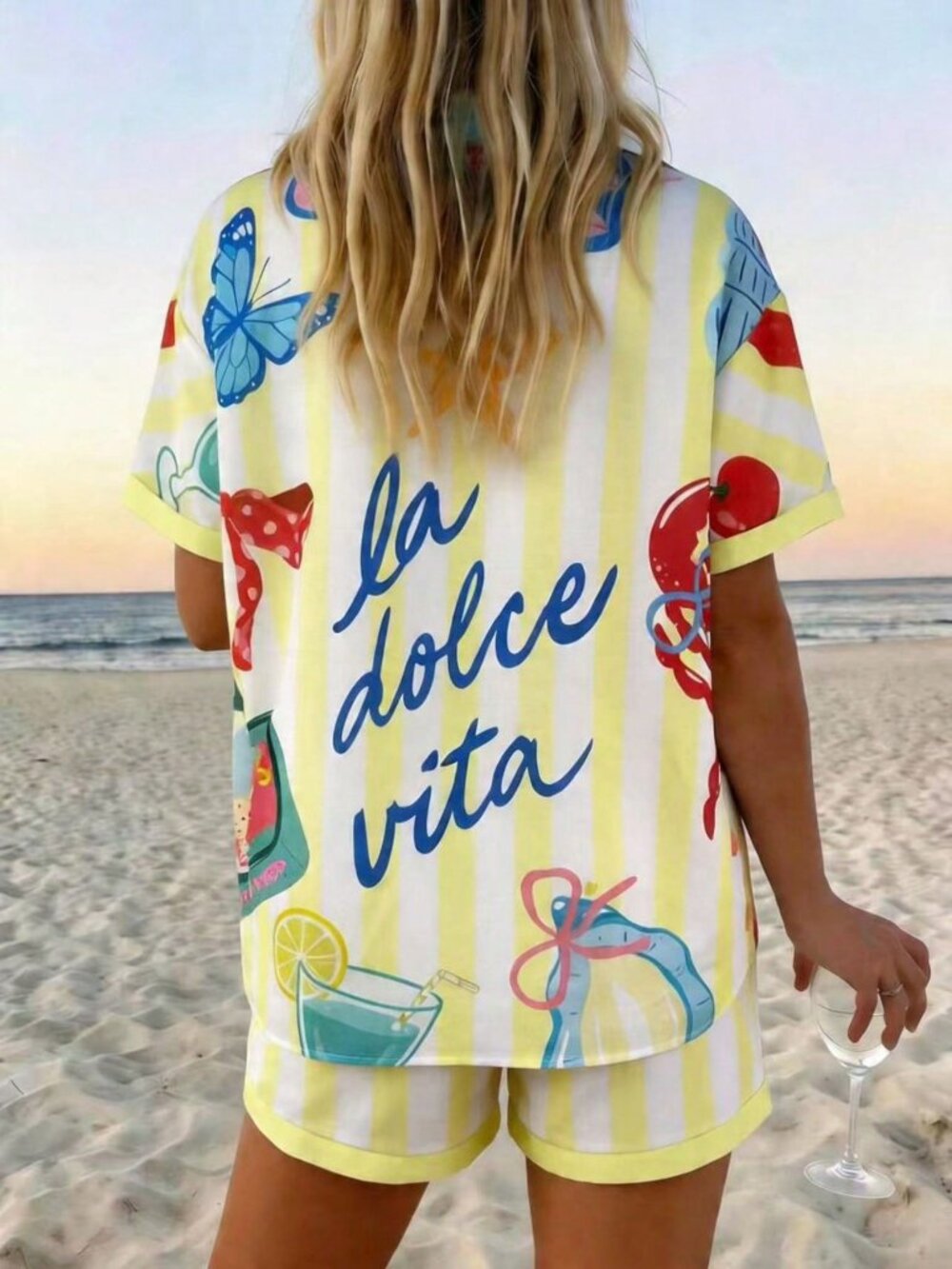 Light Yellow Casual Women's Vacation Striped Shirt And Shorts Set - Picture 2 of 5